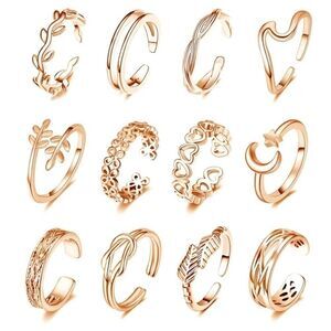 Rose Gold Adjustable Open Toe Rings - Set of 12
